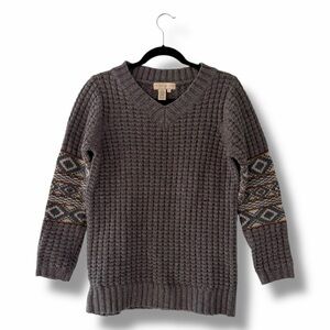 The Territory Ahead Taupe Western Patterned Arm Band V-Neck Sweater Merino Small